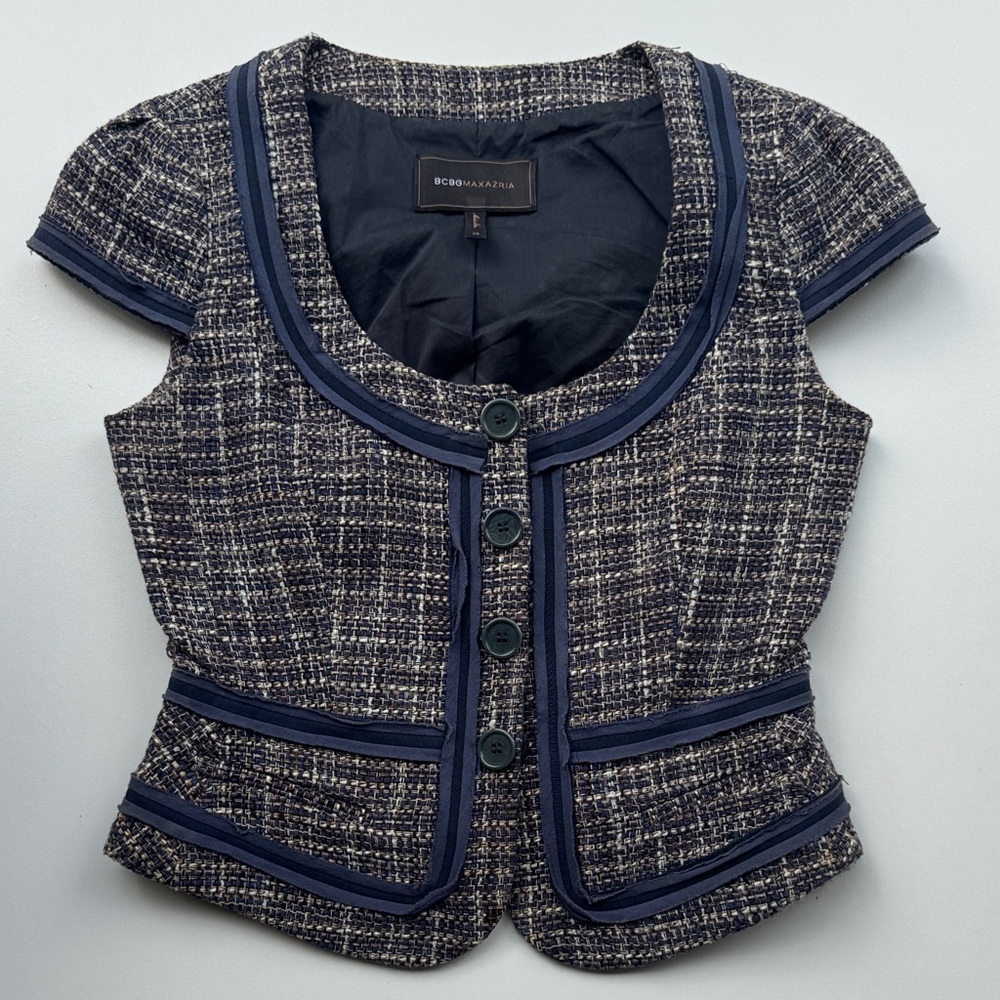 BCBGMaxAzria Navy and White Tweed Blazer